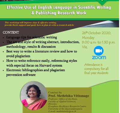 Workshop on “Effective use of English Language in Scientific Writing & Publishing Research Work”